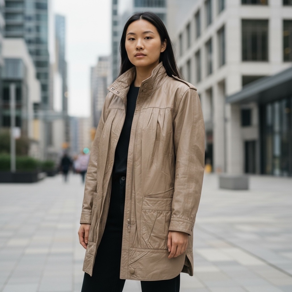 OVERSIZED LEATHER JACKET 70s GEORGEE SPORT Taupe Long bomber luxury VINTAGE - Picture 3 of 14